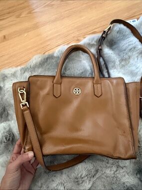 Tory Burch Caramel Leather Satchel with Gold Logo